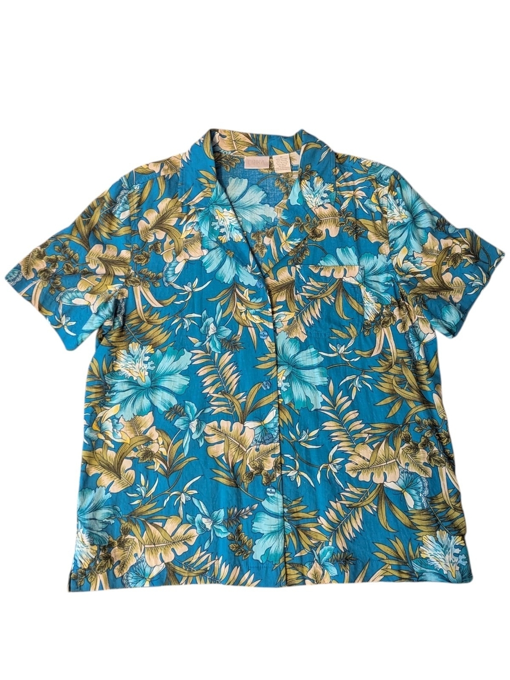 VTG Erika Blue Hawaiian Floral Casual Blouse & Blue Beaded Tank Top Women's M
